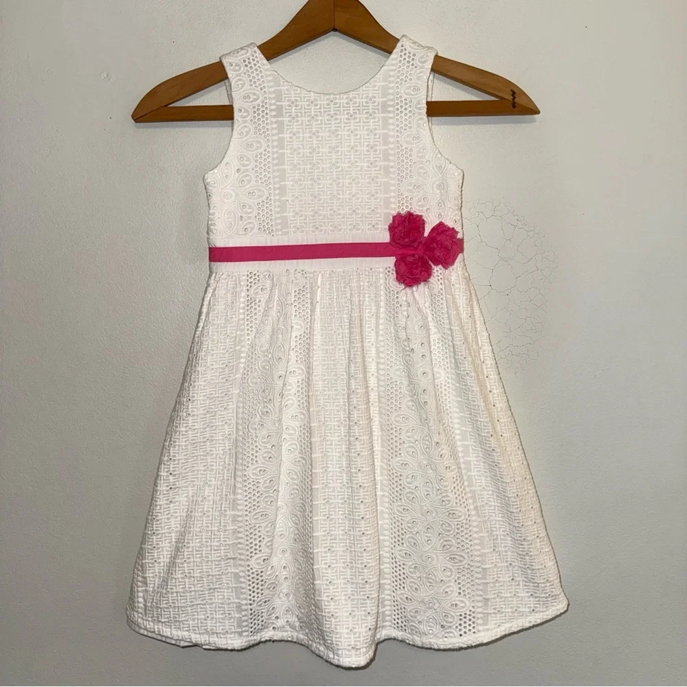 Lilly Pulitzer Girls White Lace Dress with Pink Rosettes and Trim Size 5